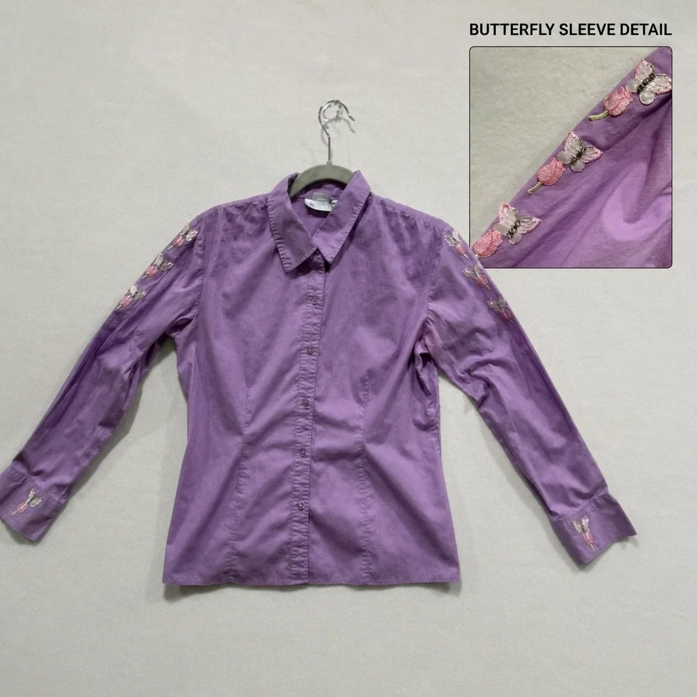 Purple Tulip Butterfly Button Up Shirt Y2K Women's Fairycore Grandmacore Cotton